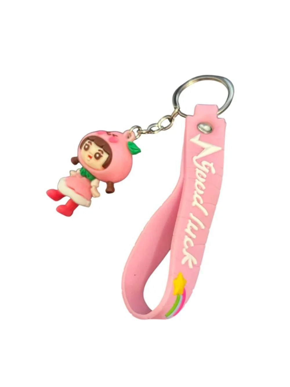 Cute Pink Peach Girl Wristlet Keychain Kawaii Silicone Strap NWOT